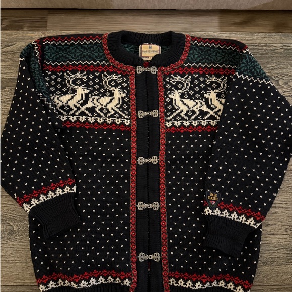 Dale of Norway Other - Dale of Norway Black Cardigan with Cream, Red & Green Nordic Motif